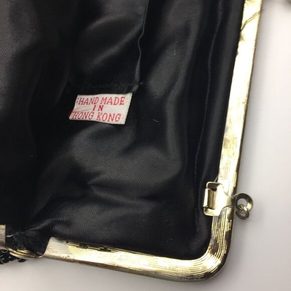 Vintage Handmade Hong Kong Black Silk Beaded Purse Prom Evening Bag Gold Chain - Picture 6 of 10